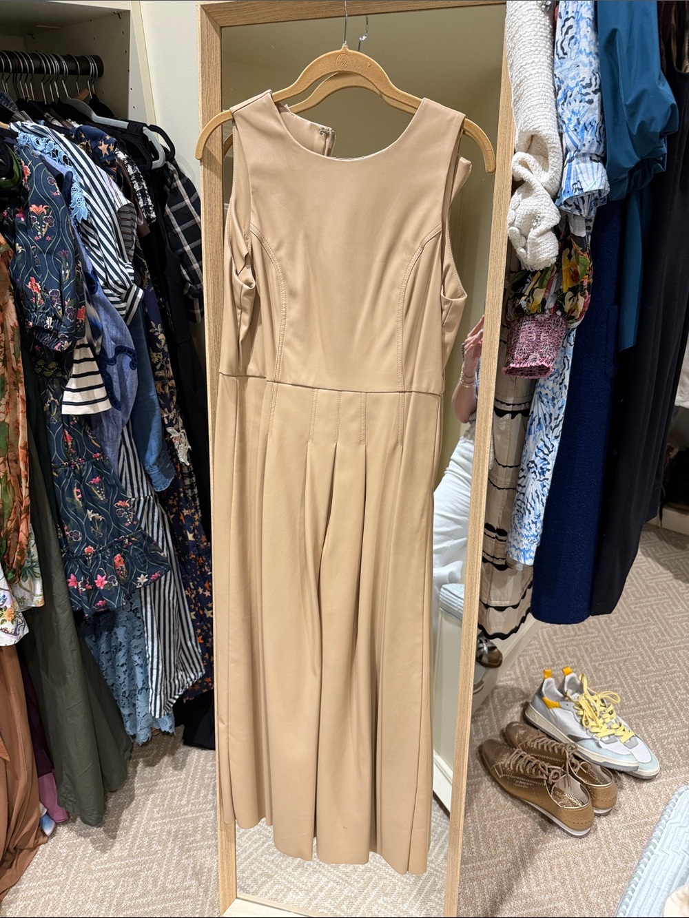 Sleeveless Beige Faux Leather Dress